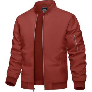 Men's 01 Orange Red Bomber Jacket Coat Lightweight Windbreaker Zip Up Pocket